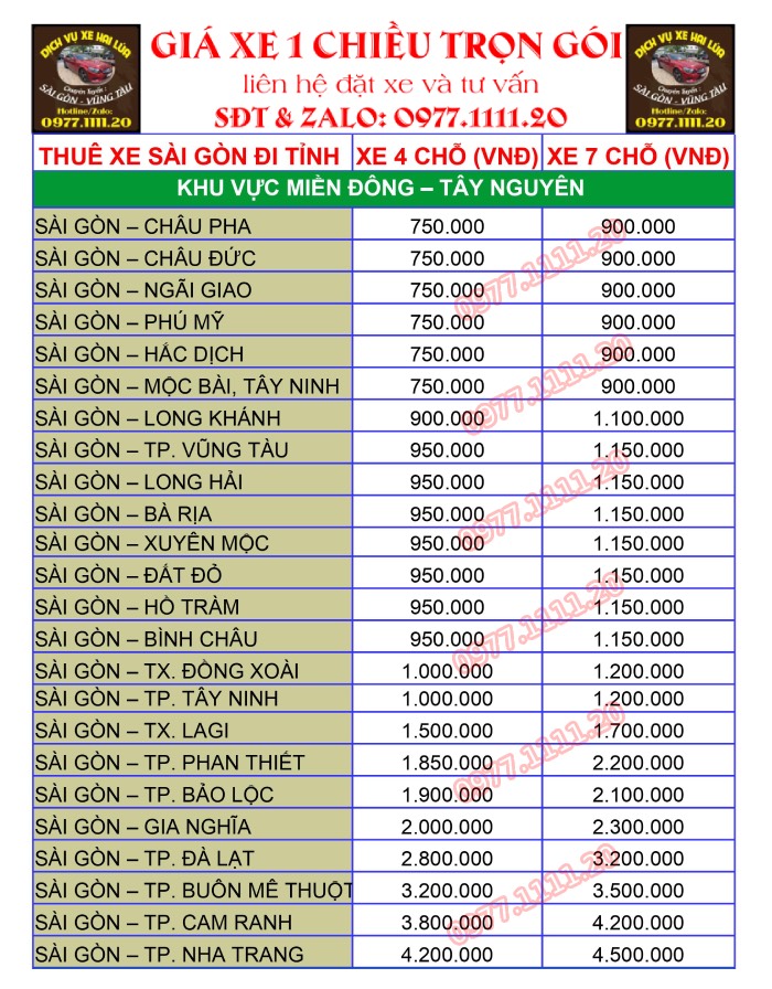 Bảng giá thuê xe đi Hồ Tràm